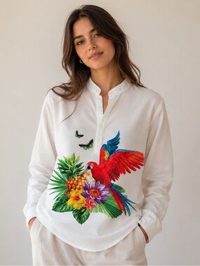 White Shirt with Parrot and Floral Print